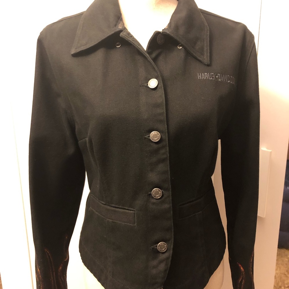 Harley Davidson denim jacket with flame accents